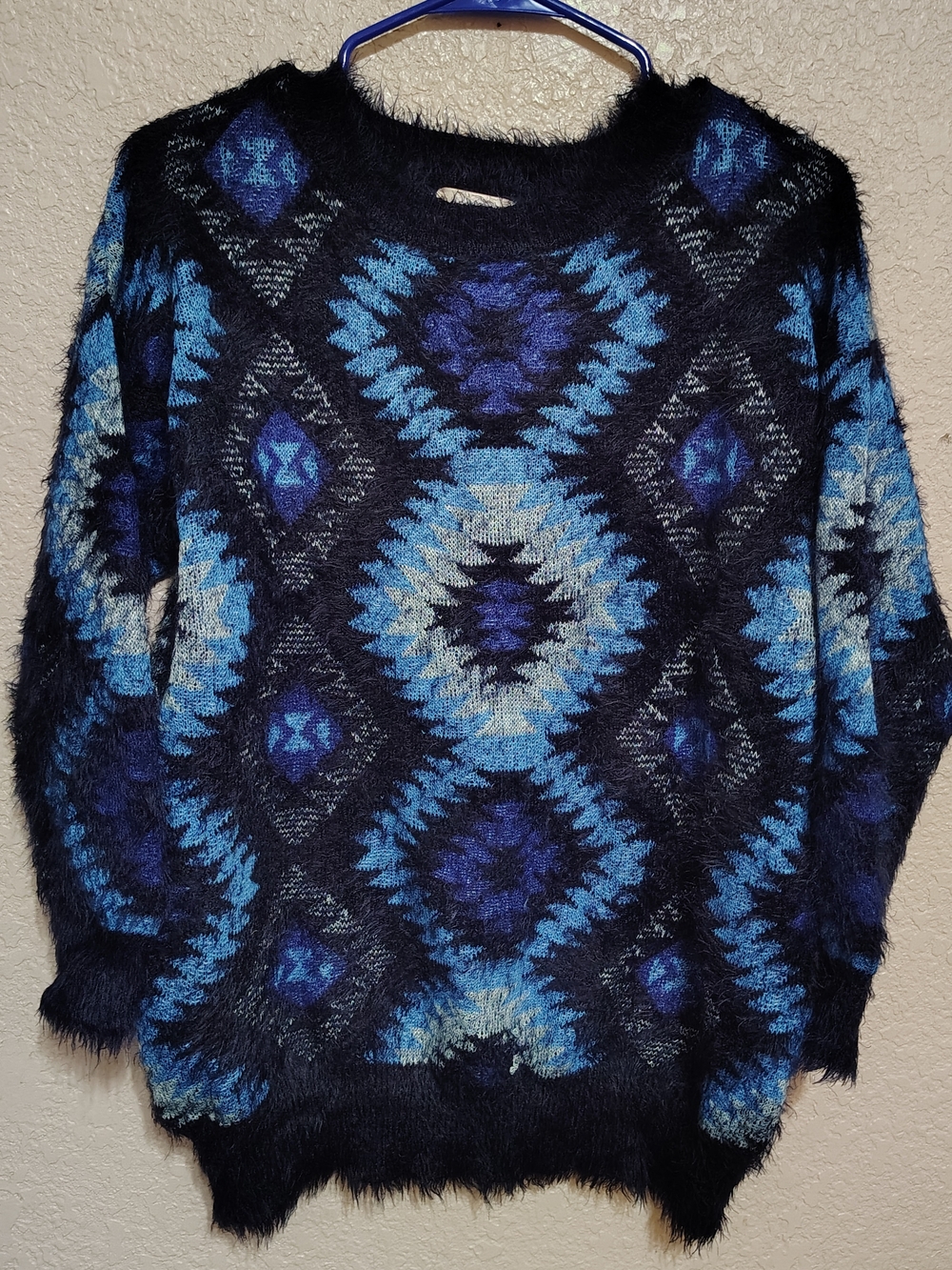 BLVD Black & Blue Aztec-Fuzzy Crewneck Sweater